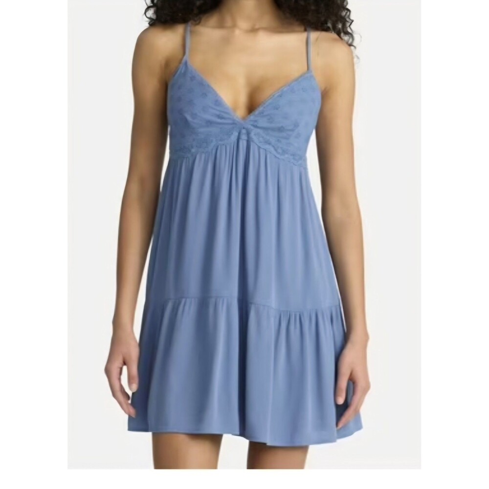 No Boundaries Woven Eyelet Mini Dress With Crochet Trim Blue Moonlight Size L